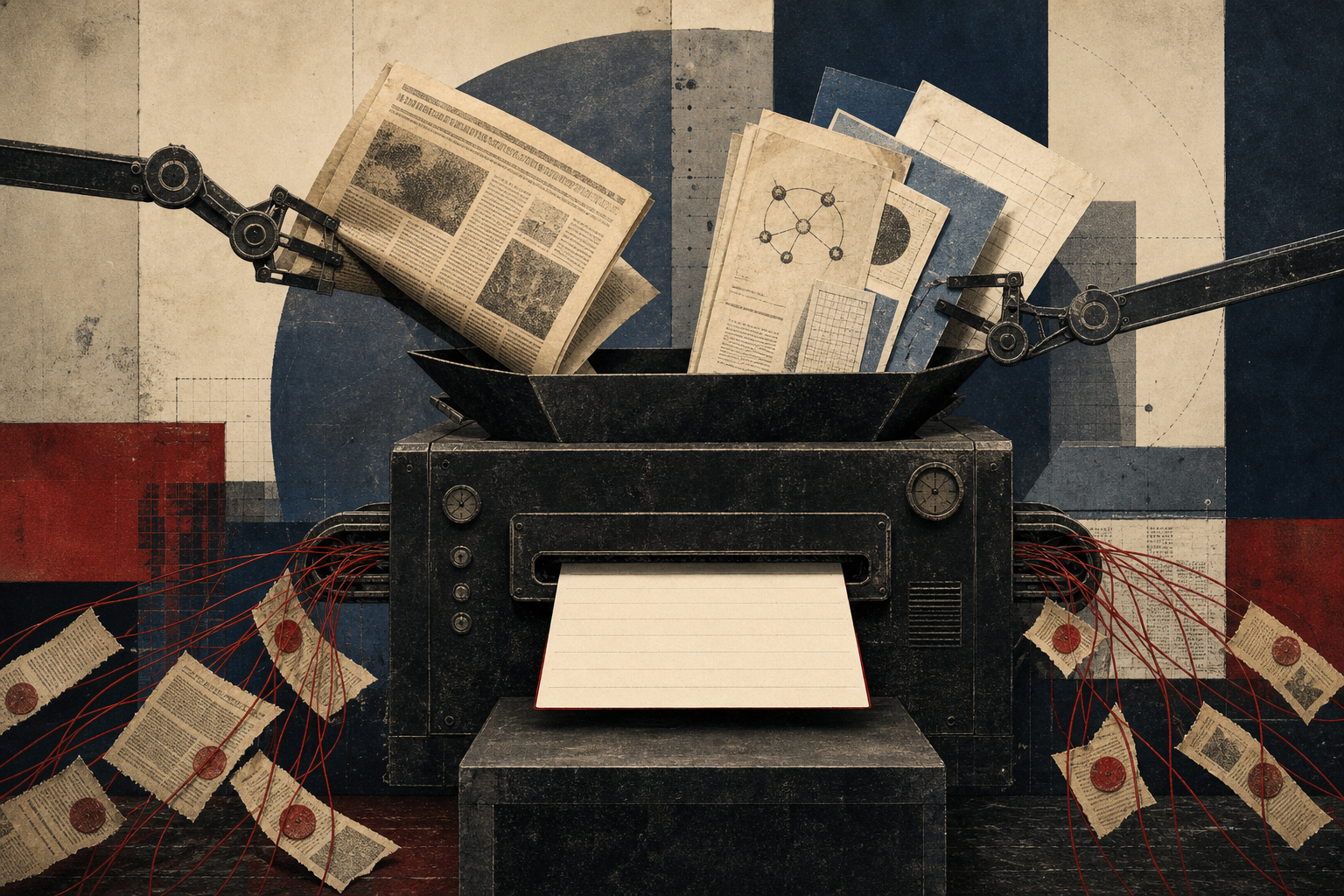 Editorial collage of source documents fed into a machine that emits an uncited answer card