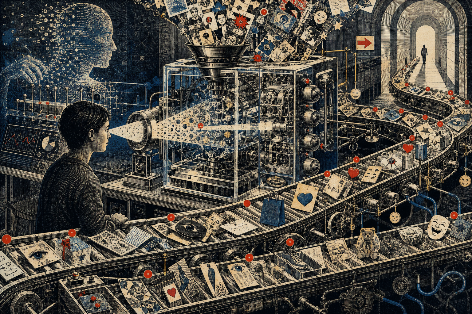 Editorial collage of a recommendation machine routing attention through an endless personalised feed