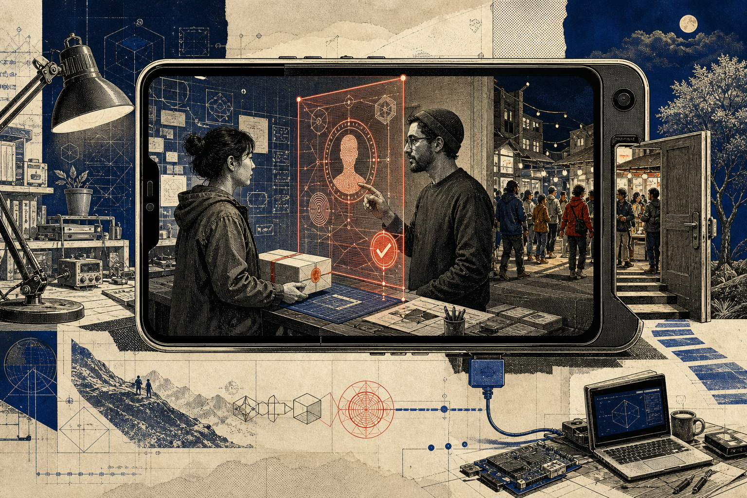 Editorial collage of an independent developer and device owner passing a software package through a translucent identity-verification checkpoint toward an open app market