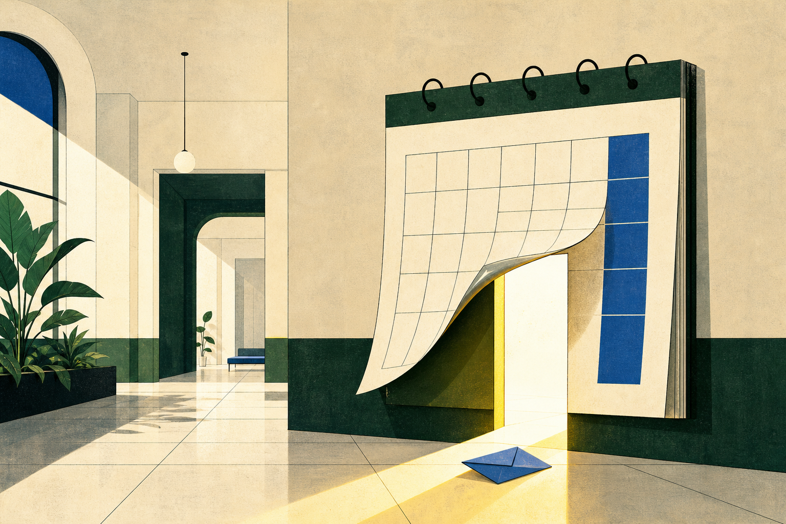 A calendar page opening into a brightly lit exit door in a quiet hallway