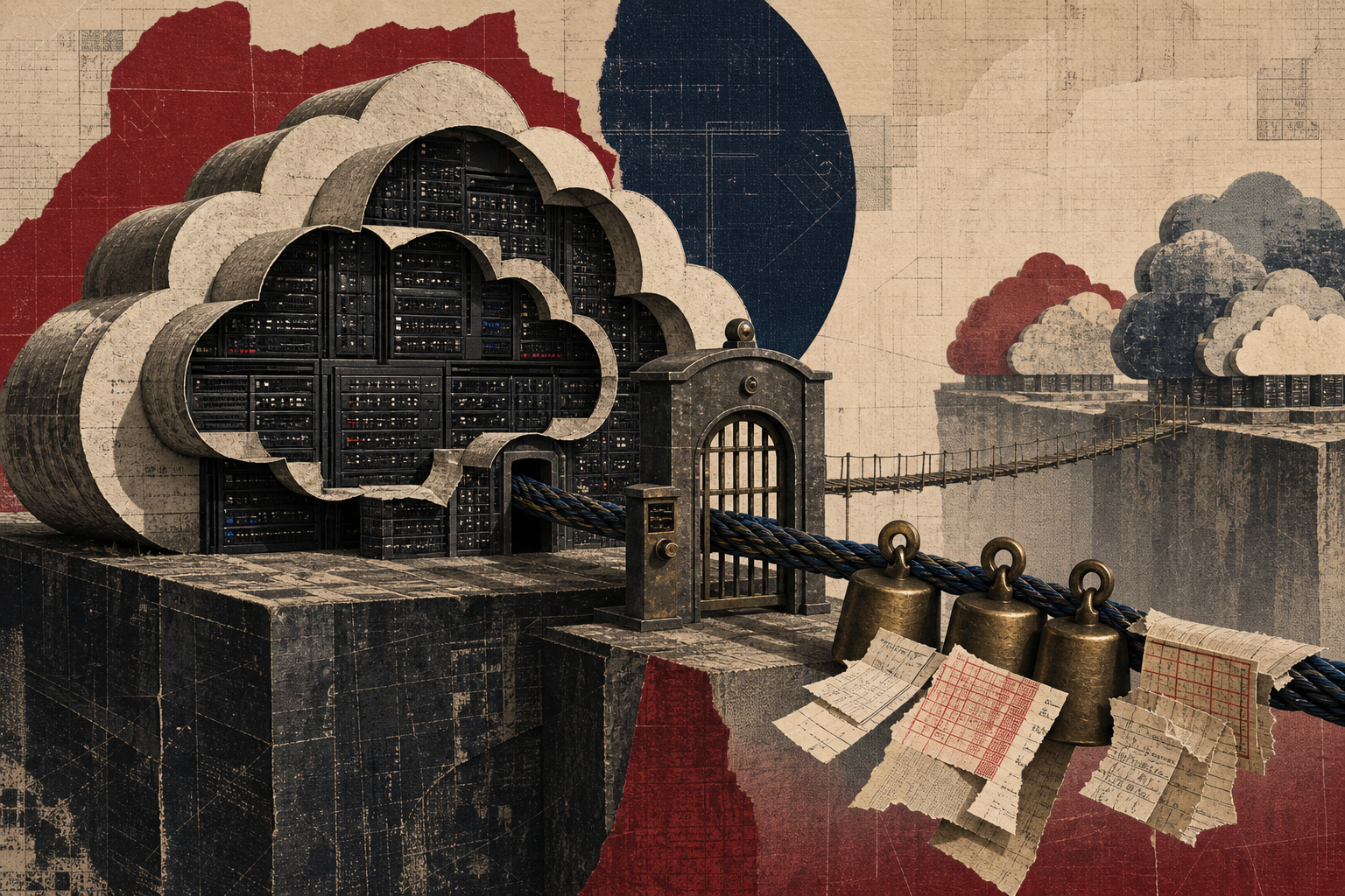 Editorial collage of a server-filled cloud vault with a weighted data cable passing through a gate
