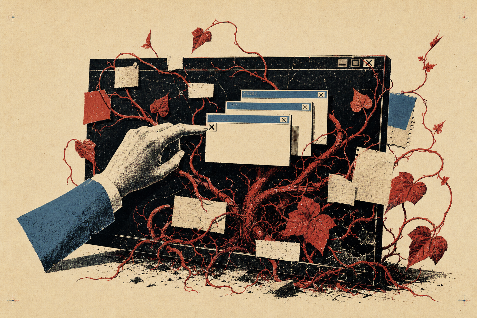 Editorial collage of software windows overgrown with red vines