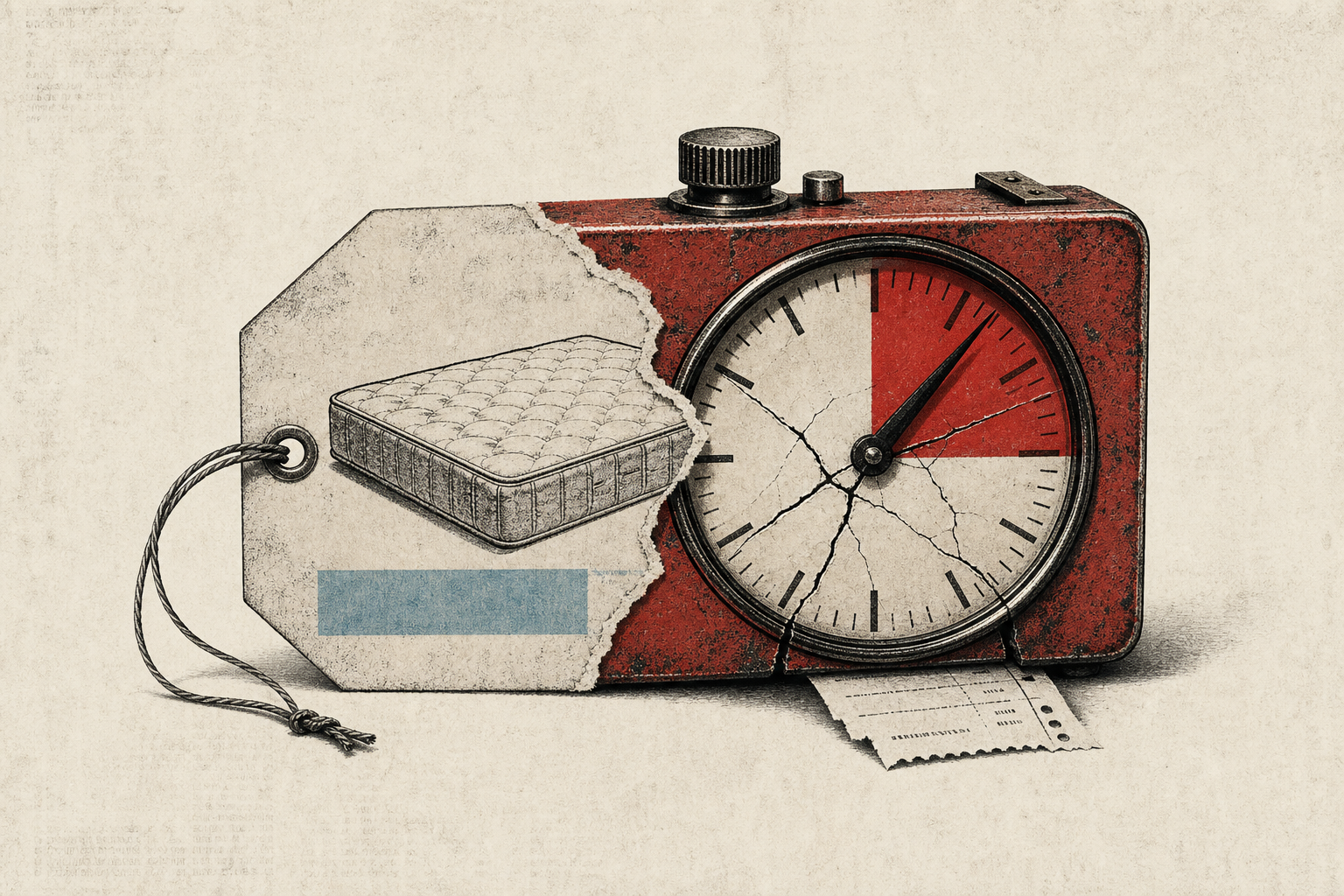 A cracked red mechanical timer beside a mattress price tag
