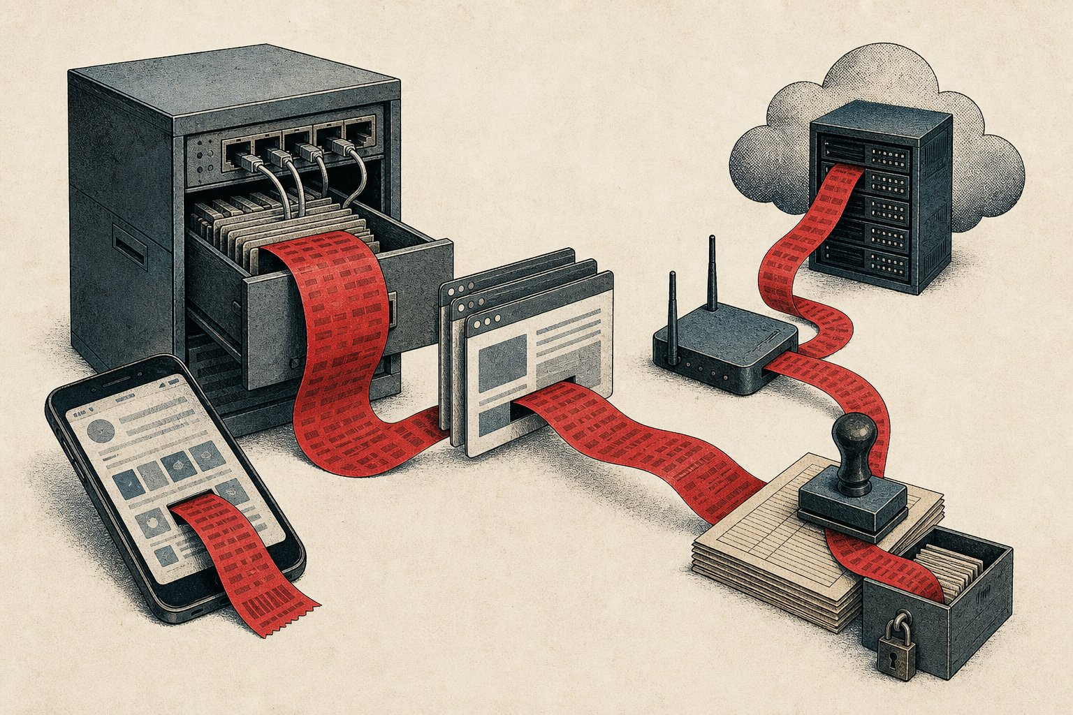 Editorial collage of device data flowing through a receipt-like trail into a commercial profile