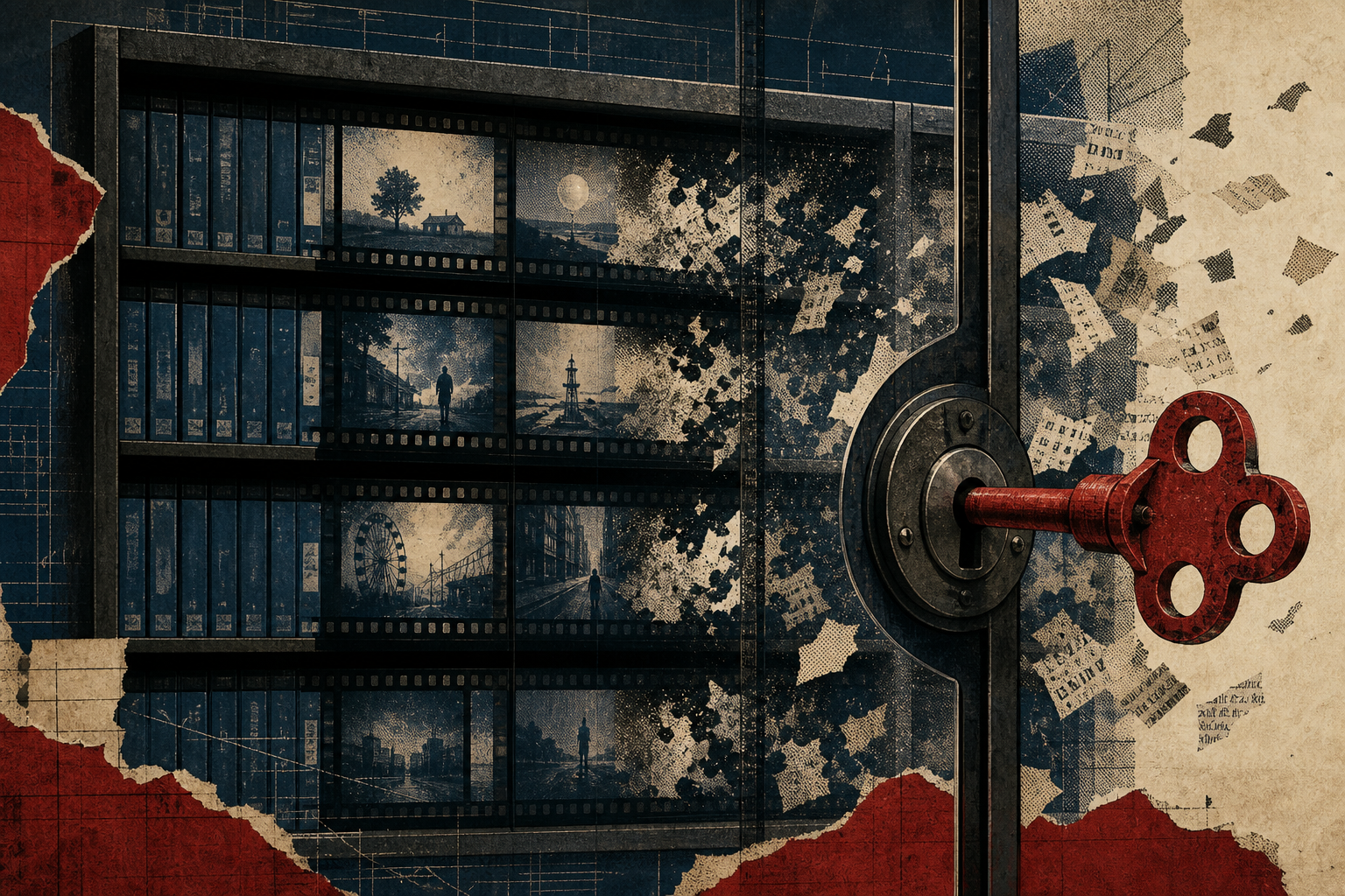 Editorial collage of film shelves dissolving inside a locked digital archive