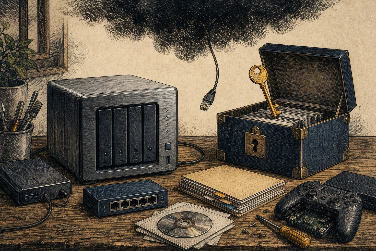 A home storage server, repair tools, a game disc and a key in an archive box beneath an unplugged cloud cable.
