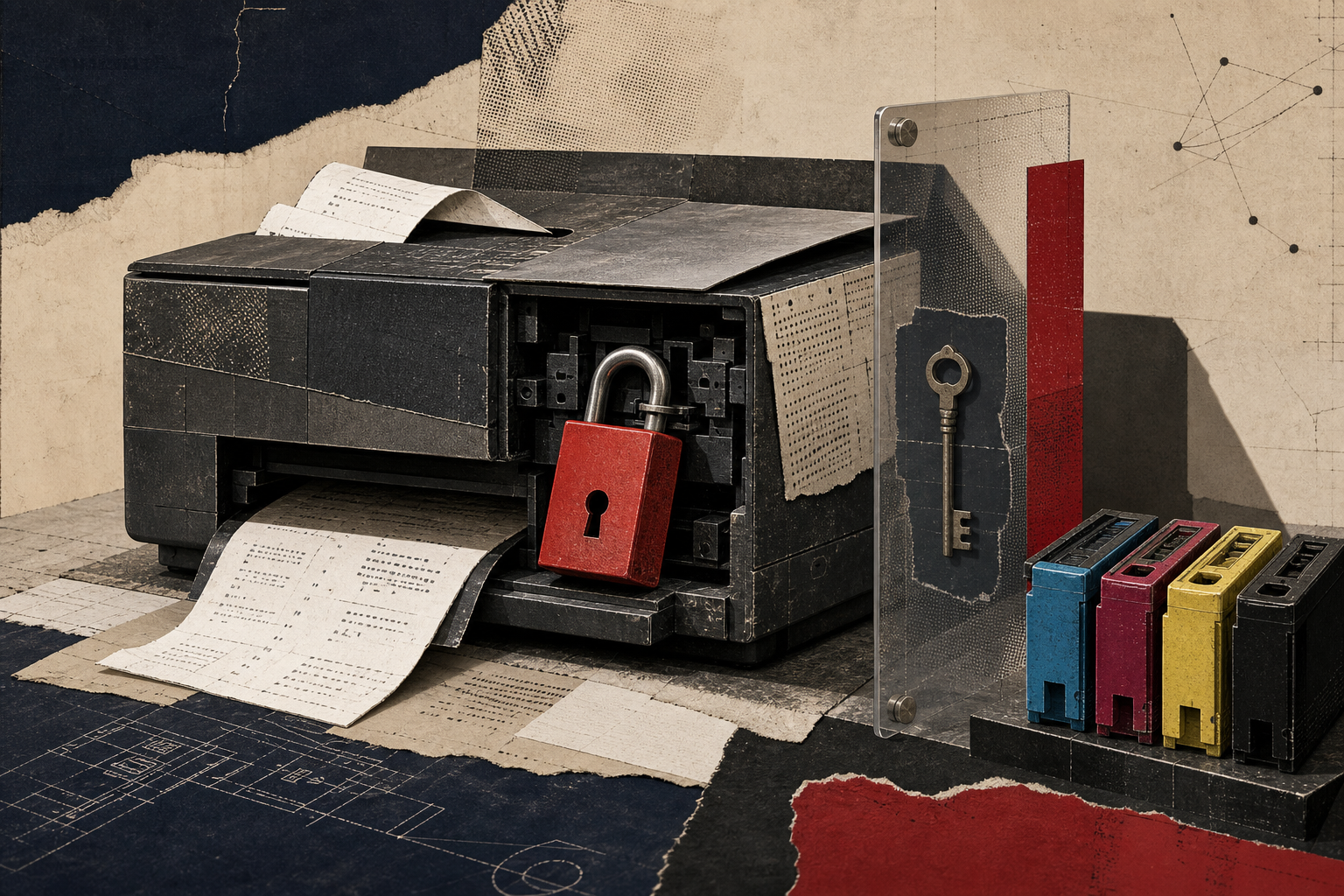 Editorial collage of a printer with its cartridge bay sealed by a red padlock