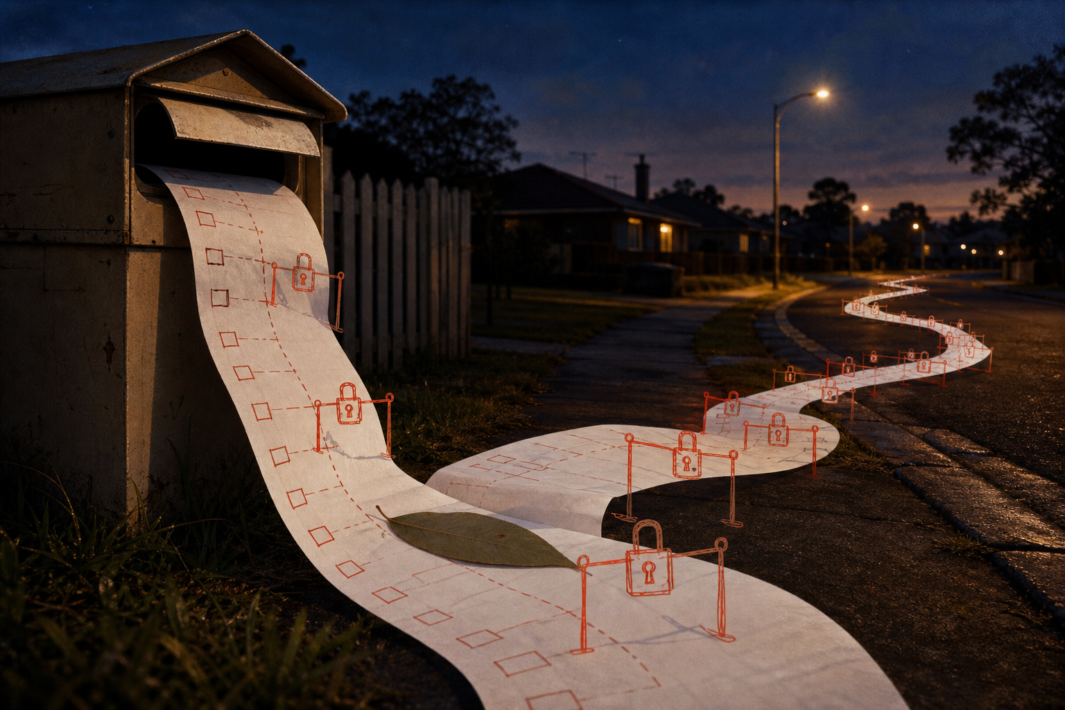 A paper path from a home letterbox blocked by a series of small locks