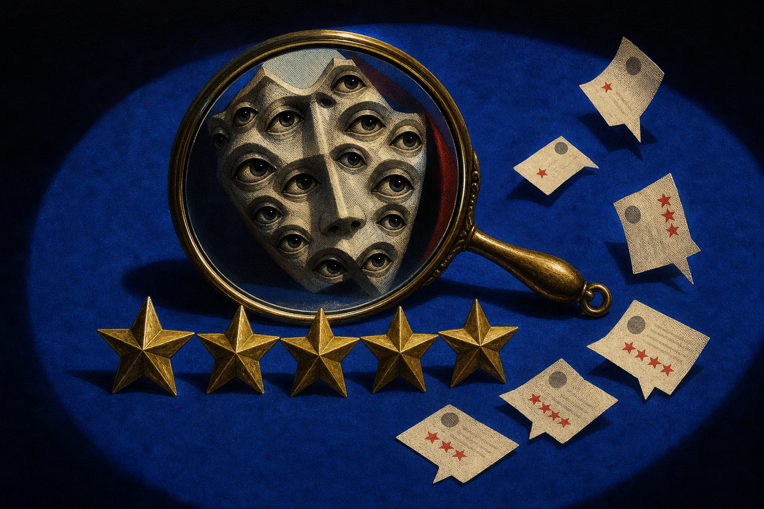 A hand mirror reflecting a many-eyed mask above a row of five stars