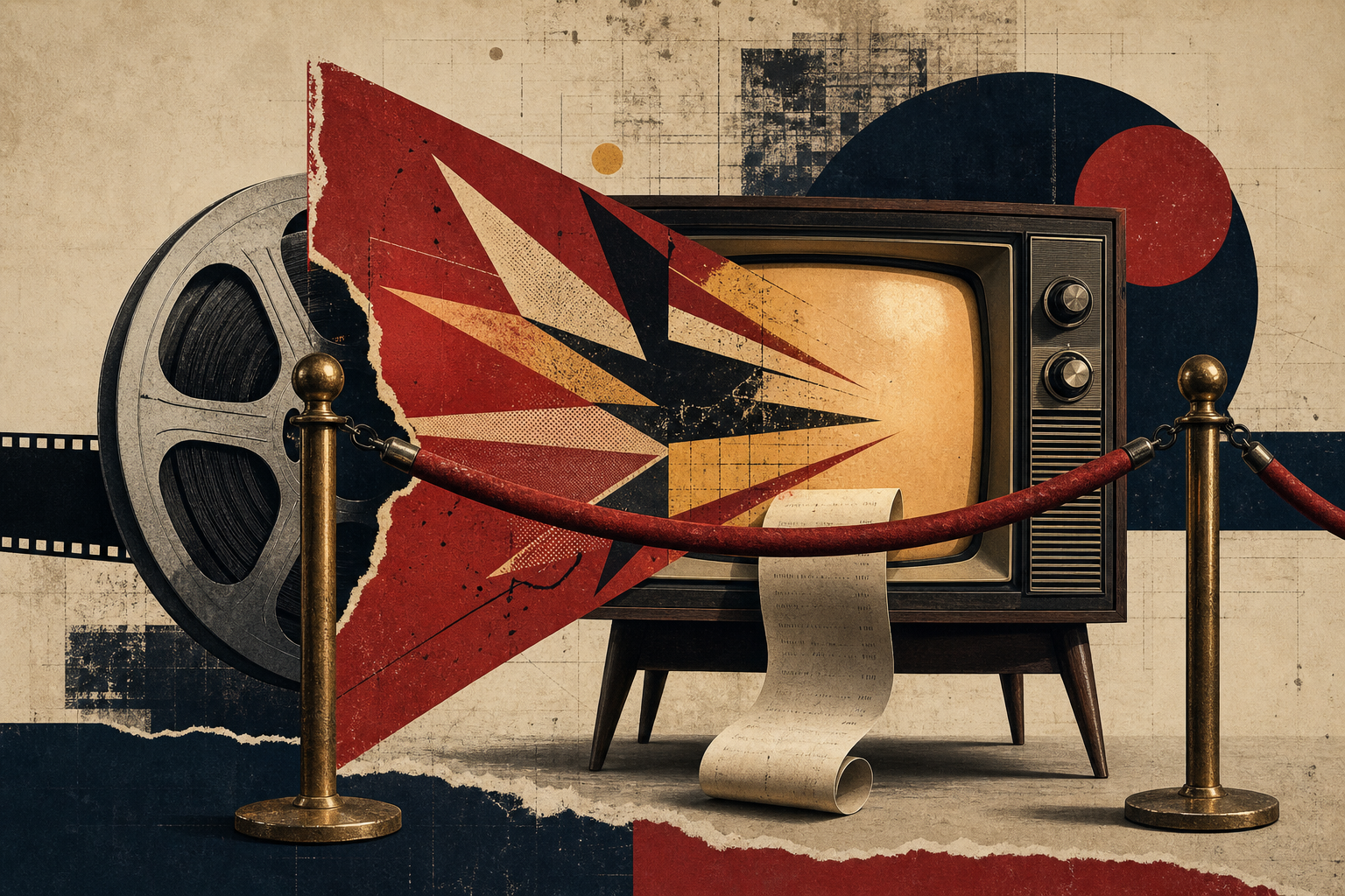 Editorial collage of a paid television stream blocked by an advertising barrier