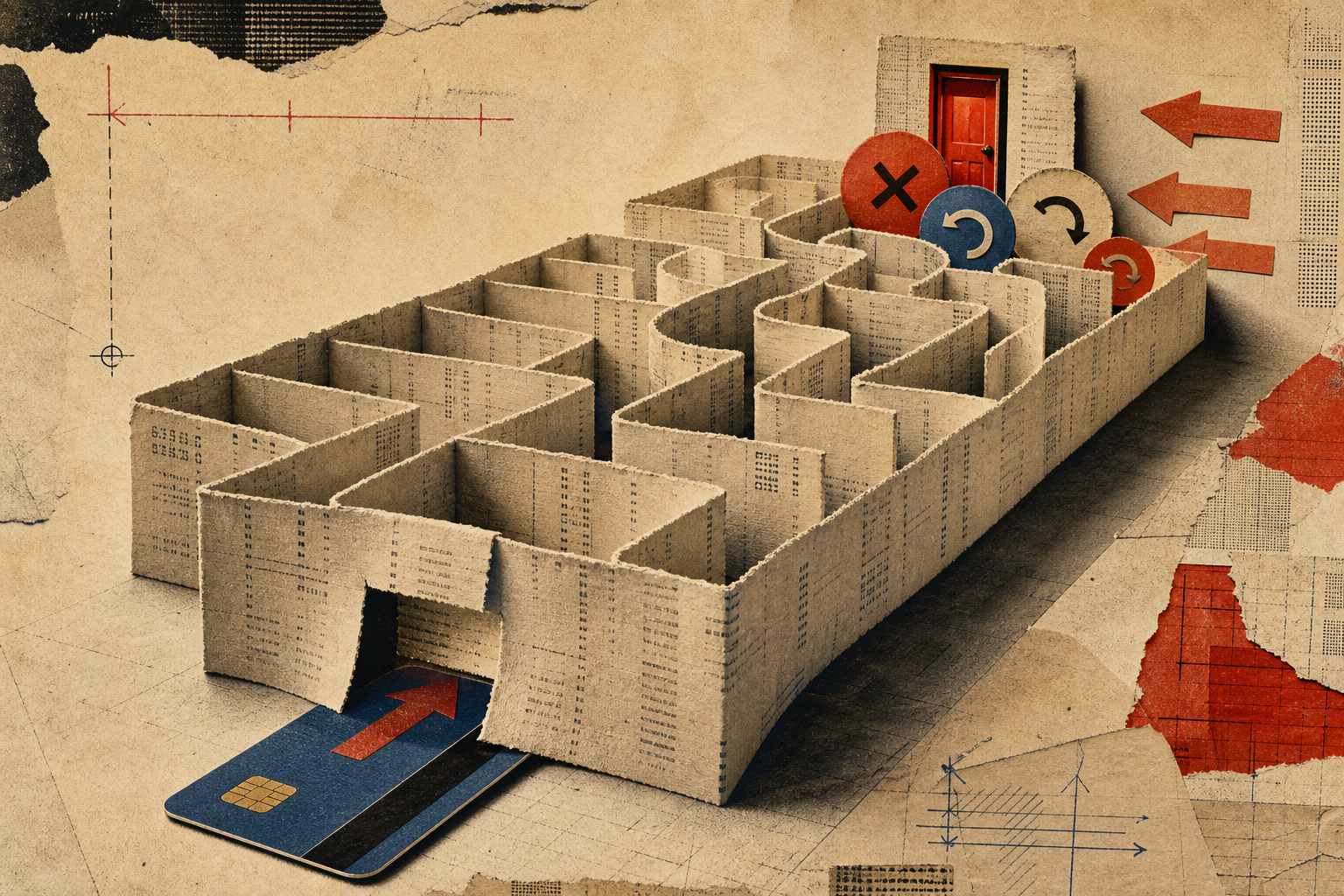 Editorial collage of a receipt maze with a blocked exit door